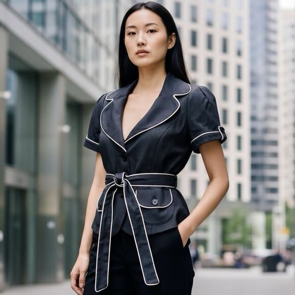 VTG 90s Bebe Pinstripe Short Sleeve Belted Blazer Black White Linen Blend Size 8 - Picture 2 of 16